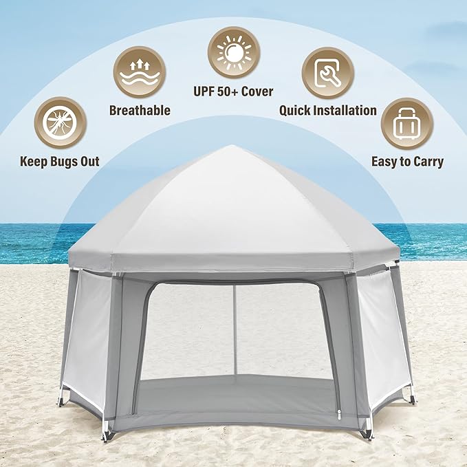 Portable Baby Playpen with Inflatable Mattress & Sunshade,Outdoor Baby Playpen for Babies and Toddlers,Foldable Pop Up Play Tent for Home, Park, Beach and Camping,Beach playpen-Light Gray