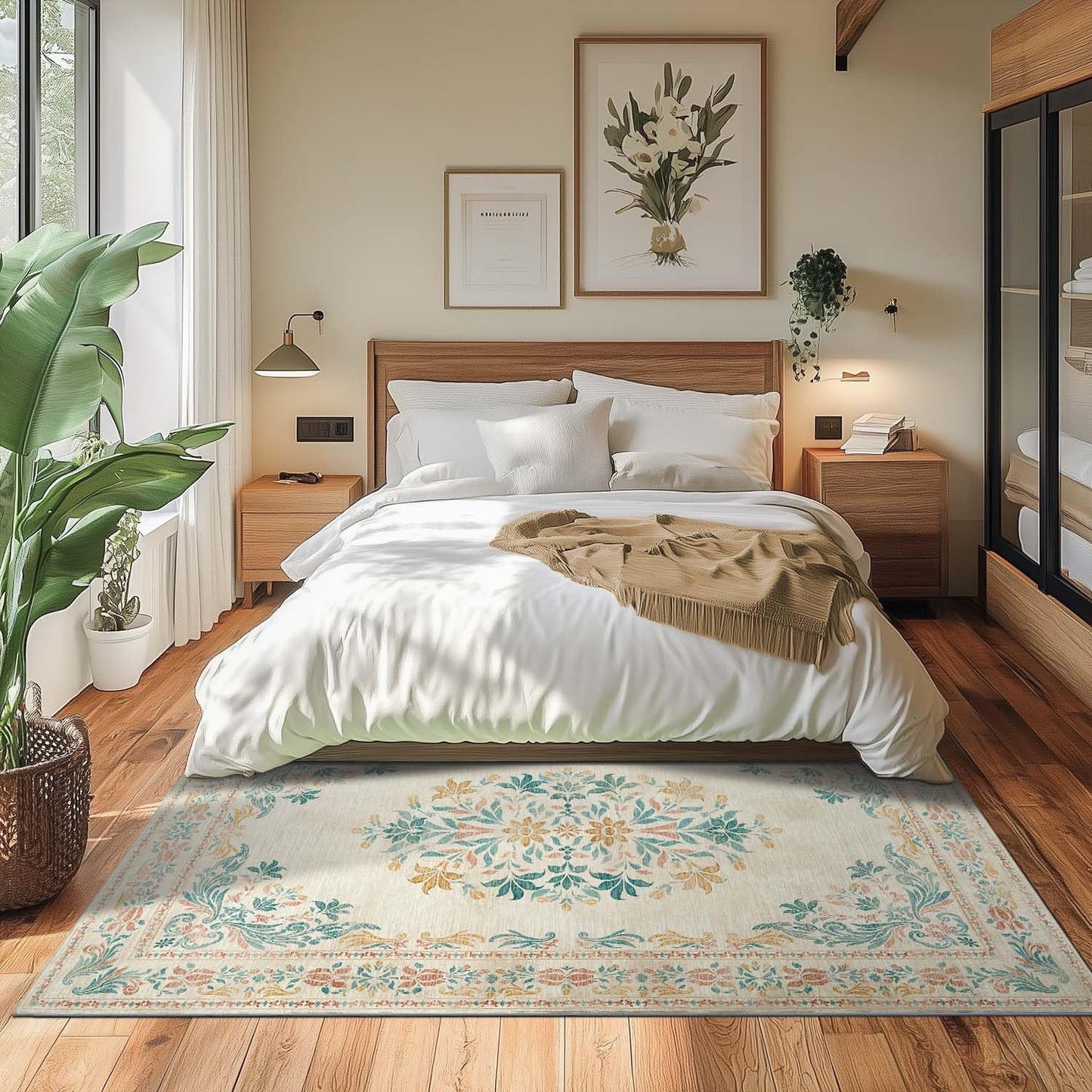 jinchan Floral 5x7 Area Rugs for Nursery - Machine Washable Vintage Distressed Design Soft Ultra-Thin Low-Pile Non-Slip Kids Carpet for Bedroom Living Room Dining Room Home Office (5x7ft,Apricot)