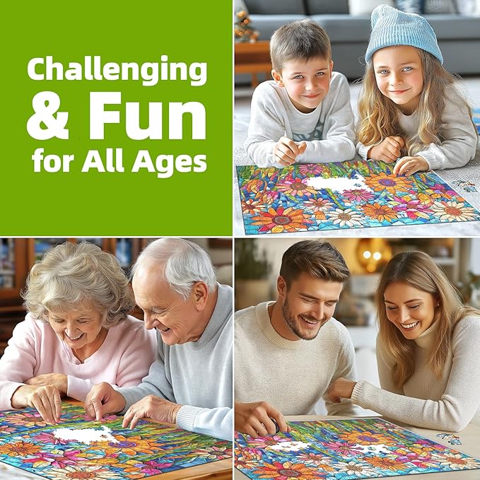 1000 Piece Mosaic Floral Stained Glass Puzzle - Vibrant Textured Paper Art, Challenging Adult Wall Decor 27.5x19.7 Inch