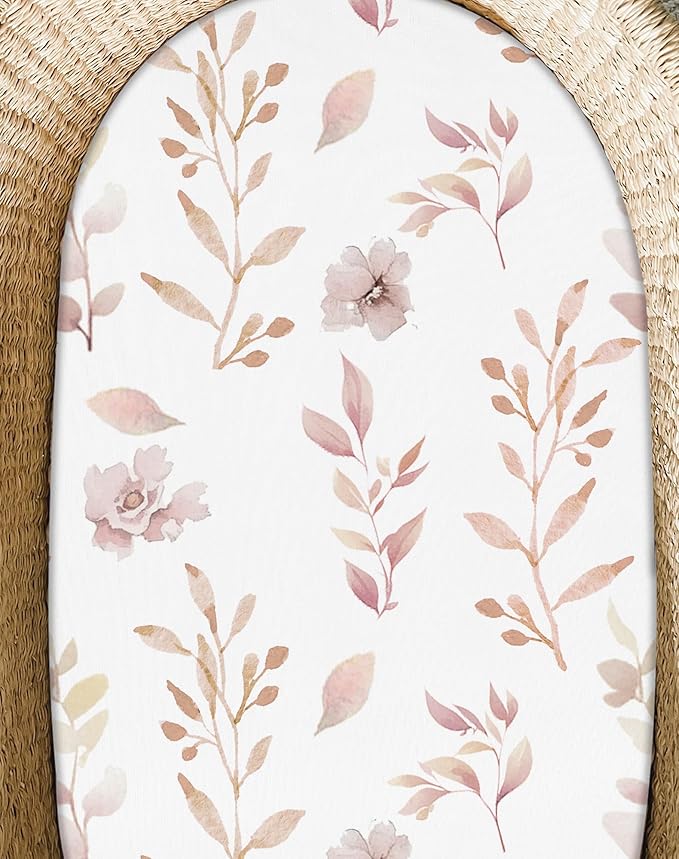 Bassinet Sheets for Baby Girls Boys 2 Pack, Fitted Baby Mattress Sheet for Rectangle, Oval, Hourglass Bassinet Mattress, Breathable Cozy & Universal Fit (Floral Fawn)