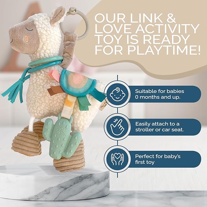 Itzy Ritzy Link & Love Toy for Stroller or Car Seat; Features Textured Ribbons, Crinkle Sounds, Clinking Rings & Silicone Teether; Designed For Ages 0 Months and Up (Llama)