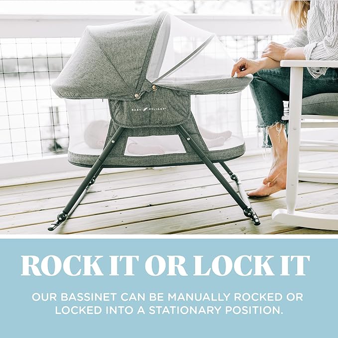 Baby Delight Slumber Deluxe Rocking Bassinet, Portable Baby Bassinet, Removable Canopy, Charcoal Tweed