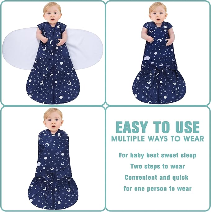 Newborn Sleep Sack Baby Swaddle,Swaddle me 0-3 Month,3-Way Adjustable Wearable Blanket,100% Rayon Cotton Swaddling Sleeping Bag，TOG 0.5 (Starry Sky, 0-3 Months)