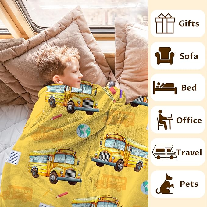 Boys Blanket School Bus Throw Blankets Gift for Kids Adults, 60x80 Inches Soft Cozy All Season Cute Decor for Sofa Chair Couch Bedroom