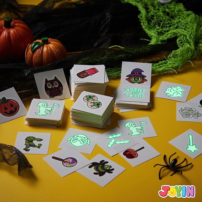 JOYIN 306 Pcs Halloween Glowing Temporary Tattoos for Kids, 42 Assorted Designs Bulk for Child Trick or Treat Game Gifts Halloween Party Favor Decorations Supplies Goodie Bags, Class Game Prizes