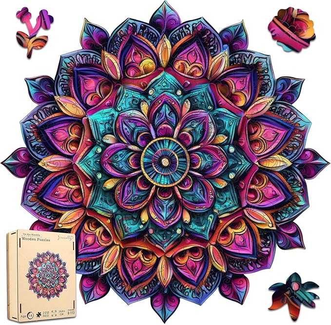 Jiroinlly Wooden Jigsaw Puzzles, Mandela Wooden Puzzles for Adults 200 Pcs, 11.2'' x 11.4'' Luxurious Shaped Wood Puzzle, Beautiful Package, Best Gift for Adults and Kids, Family Game