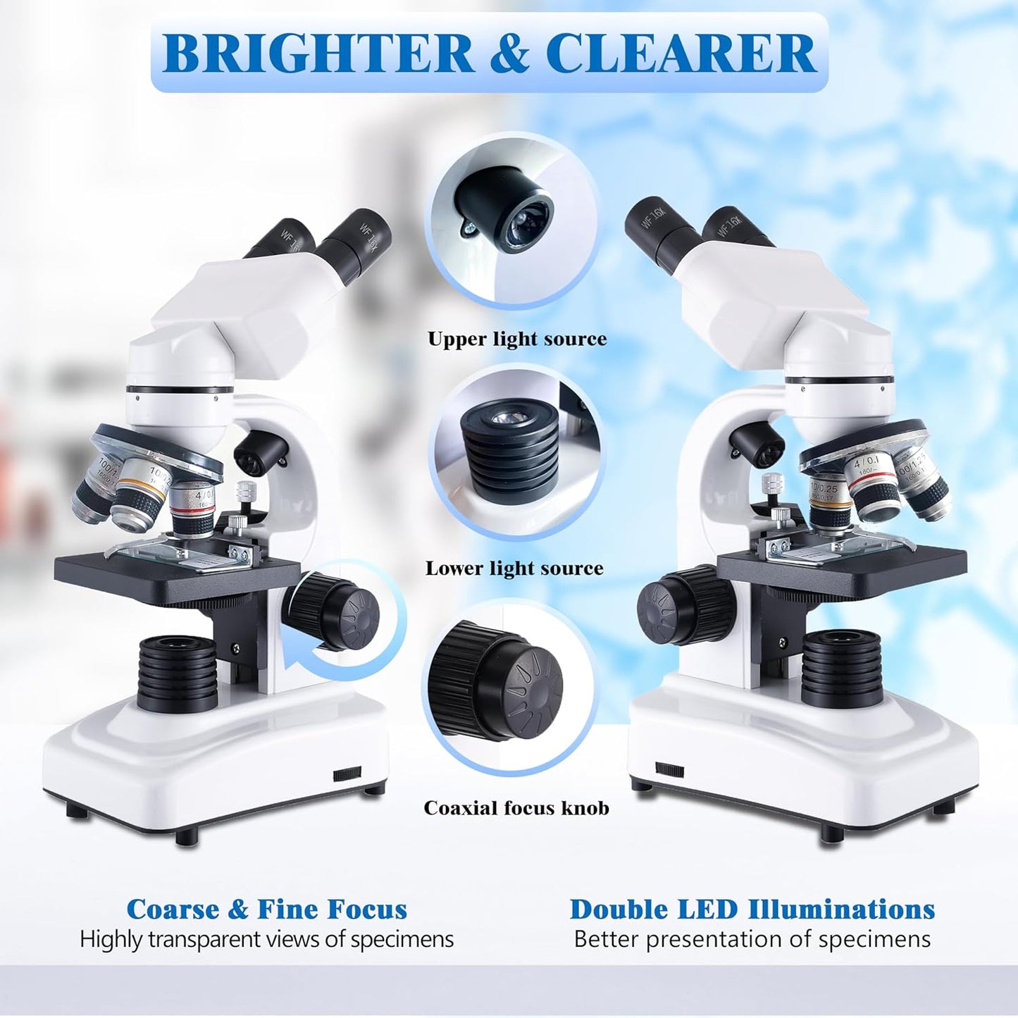 Binocular Microscope for Adults Kids Students, 64X-6000X Microscopes, 3 Objective Lens, Metal-Body Dual LED Illumination, Biological Compound Microscope Kit for School Lab, Homeschool