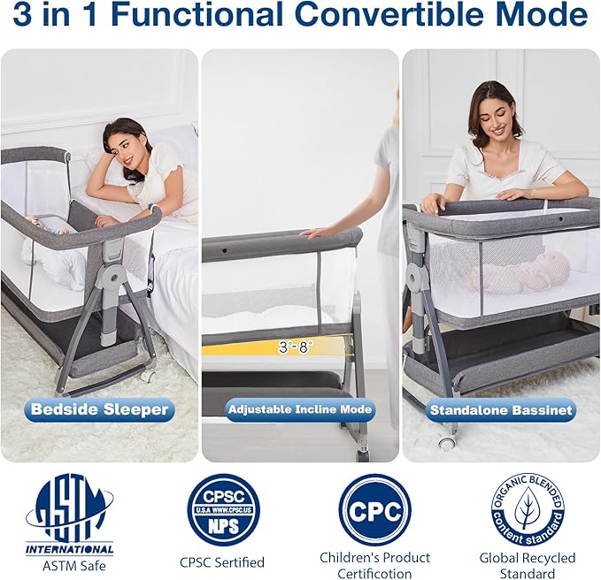 3 in 1 Baby Bassinet Bedside Sleeper, Height Adjustable Bedside Bassinet for Newborn and Infant with Mattress, Storage Basket, and Wheels (Grey)