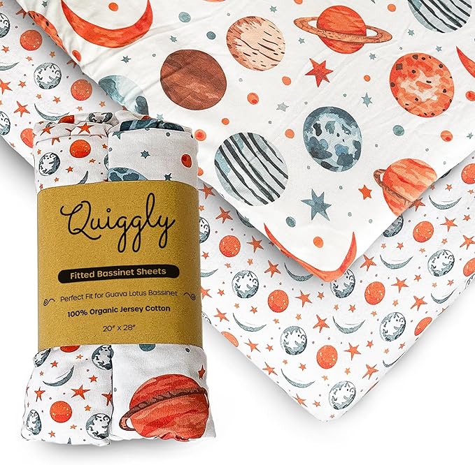 Quiggly Bassinet Sheets for Guava Lotus, 2 Pack Organic Cotton Jersey Knit, Vibrant Space Star & Planet Patterns - Fits Travel Crib Mattresses for Boys & Girls (Bassinet, Starry Slumber)