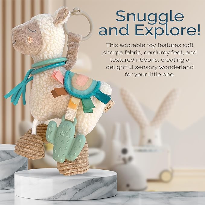 Itzy Ritzy Link & Love Toy for Stroller or Car Seat; Features Textured Ribbons, Crinkle Sounds, Clinking Rings & Silicone Teether; Designed For Ages 0 Months and Up (Llama)