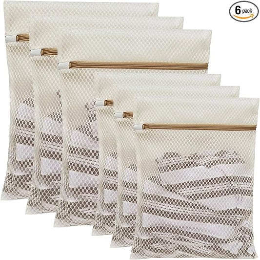 6 Pack Laundry Bag, Durable Honeycomb Mesh Laundry Bags Suitable for Delicate Clothes Washing (3 Large, 3 Medium) Beige