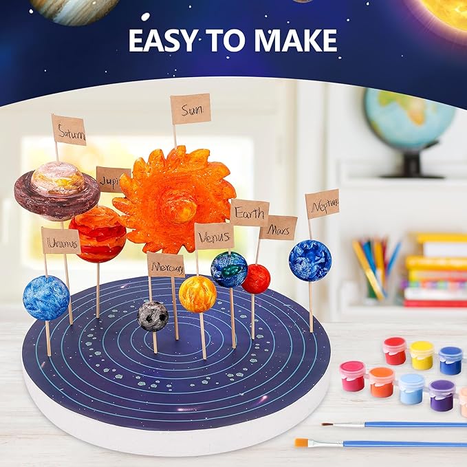 Ayfjovs Solar System Model Kit, Solar System Foam Balls Crafts for Kids School Projects to Learn Planets, Includes Mixed Sizes Polystyrene Balls, Pigments, Flags, Brushes, Bamboo Sticks for DIY