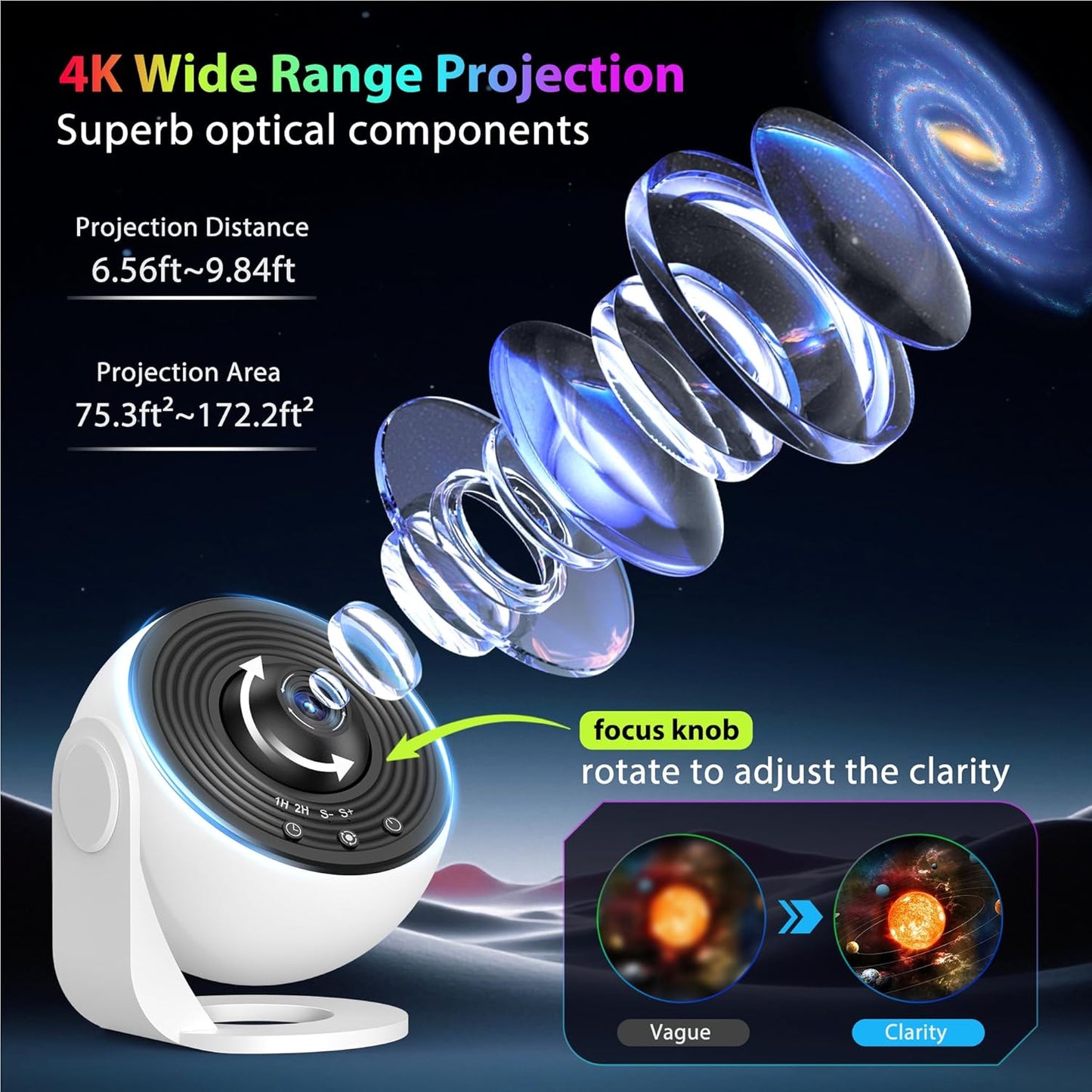 Galaxy Projector for Bedroom, HD Image Star Projector Galaxy Light Adjustable Knob, 13 Film Discs Planetarium Projector for Kids, 360° Rotating 1/2h Timer Simple 3-Button Control