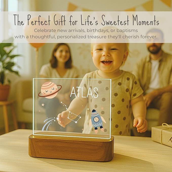 Personalized Space Baby Night Light for Kids | Custom Name Space Nursery Decor | Cute 7-Color Plug-in LED Rectangular Nightlight | Custom Baby Shower Gifts for Newborns, Toddlers, Girls, Boys 2-10