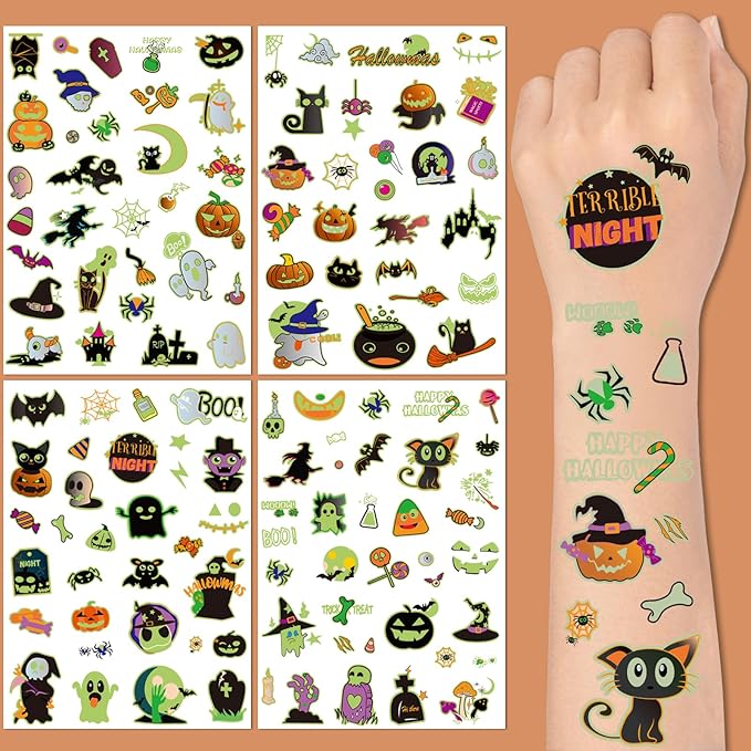 124 Pcs Halloween Temporary Tattoos Glow In Dark For Kids, Waterproof Glowing Luminous Fake Tattoo Stickers for Halloween Party, Jack-O-Lantern, Witch, Ghost Realistic Tattoo Sticker For Boy And Girls