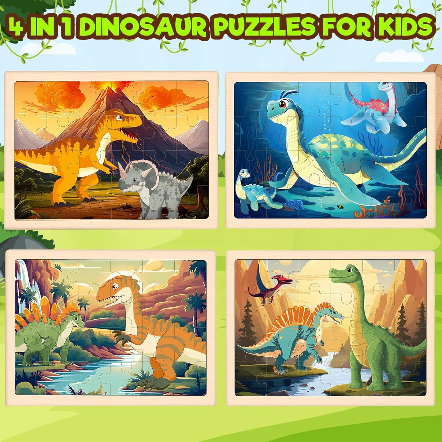 4 Packs Puzzles for Kids Ages 4-6, Wooden Dinosaur Puzzles for Toddlers Ages 2-4, Preschool Educational Dino Puzzles Boards Toys Gifts for 3 4 5 6 Boys Girls