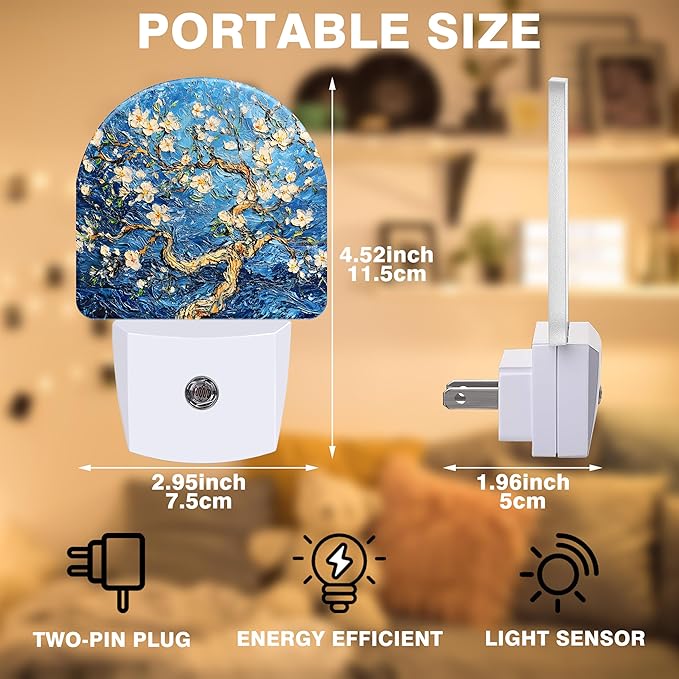 Night Lights Plug into Wall Almond Tree in Blossom Night Light Dusk to Dawn Smart Sensor Decorative Round Led Lamp for Bedroom Kitchen Hallway Nightlight for Women Men