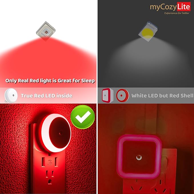 myCozyLite Red Light Night Light, Night Lights Plug into Wall 2 Pack, Dusk to Dawn Sensor, Light for Sleep, Red Nightlight for Bedroom, Bathroom, Kids Room, Nursery, Kitchen, Hallway, Stairway, Round