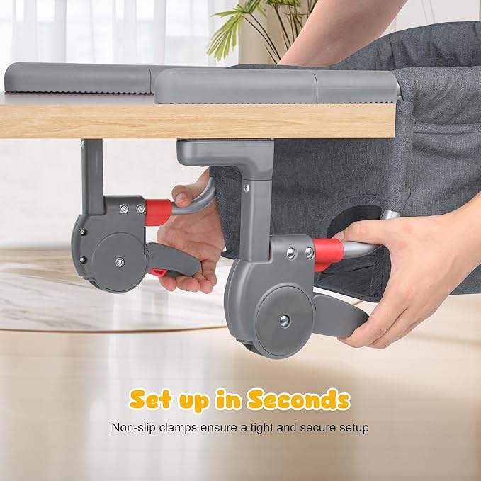 Hook On High Chair: Portable Fast Table Chair with Storage Bag, Clip on High Chairs for Babies and Toddlers, Foldable Baby Feeding Chair with Removable Seat for Home and Travel -Grey