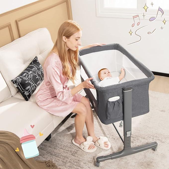 BABY JOY Bassinet Bedside Sleeper, 3 in 1 Folding Crib w/Adjustable Height, Mattress, Lockable Wheels, Storage Pocket & Carry Bag for Infant Newborn, Stationary & Rock, Portable Baby Bassinet (Grey)