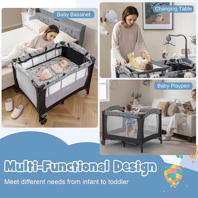 HONEY JOY Pack and Play, 4 in 1 Portable Baby Playard with Bassinet, Changing Table, Lockable Wheels, Music Box, Foldable Travel Baby Crib Nursery Center from Newborn to Toddler (Dark)