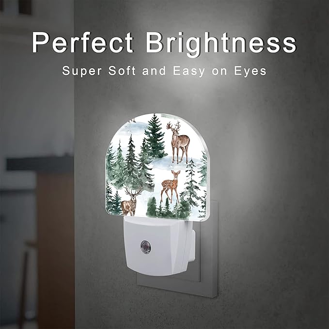 Winter Deer and Snowy Forest Night Light for Kids,Christmas Pine Trees Deer Night Light Plug in with Dusk to Dawn Sensor,0.5w Energy Saving Nightlight for Hallway Stairway Kitchen Bedroom