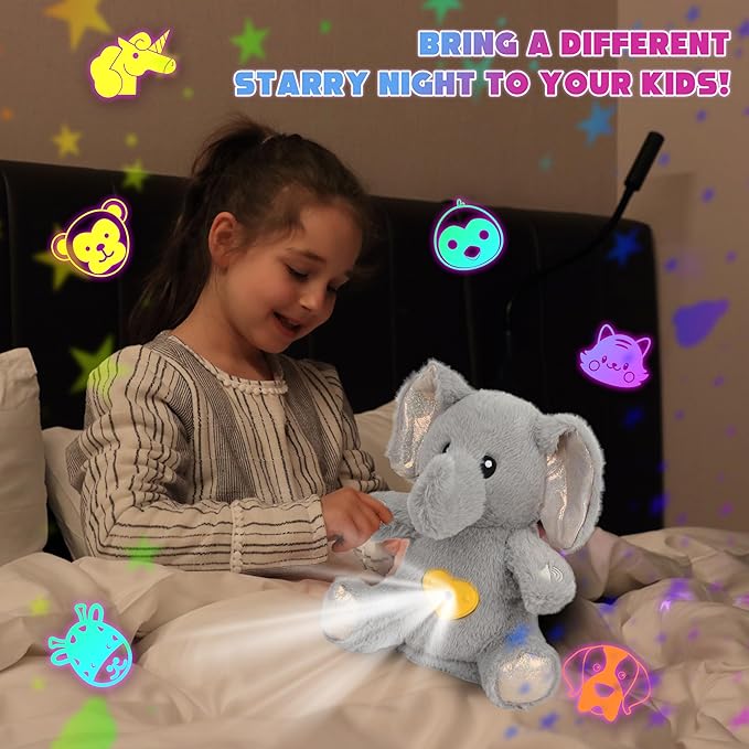Cuteoy Plush Gray Elephant Star Projector Musical Adjustable Singing Night Light Stuffed Animals Glowing Plushies Toy Gifts for Kids Birthday Easter Christmas,13''