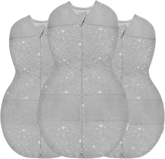 Happiest Baby Sleepea 5-Second Swaddle - 100% Organic Cotton Baby Swaddle Blanket - Doctor Designed Promotes Healthy Hip Development - 3-Pack Newborn Bundle (Graphite Stars, 2 x Small, 1 x Medium)