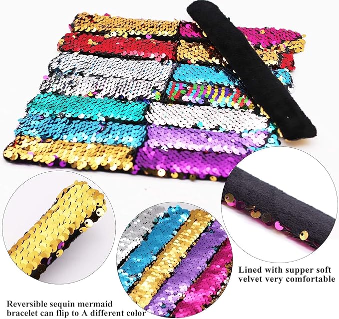 Childom 20 Pack Slap Bracelets 2-Color Reversible Charm Bracelets stage sequins horsetail buckle color ball head hair accessories hair accessories Magic Wristband