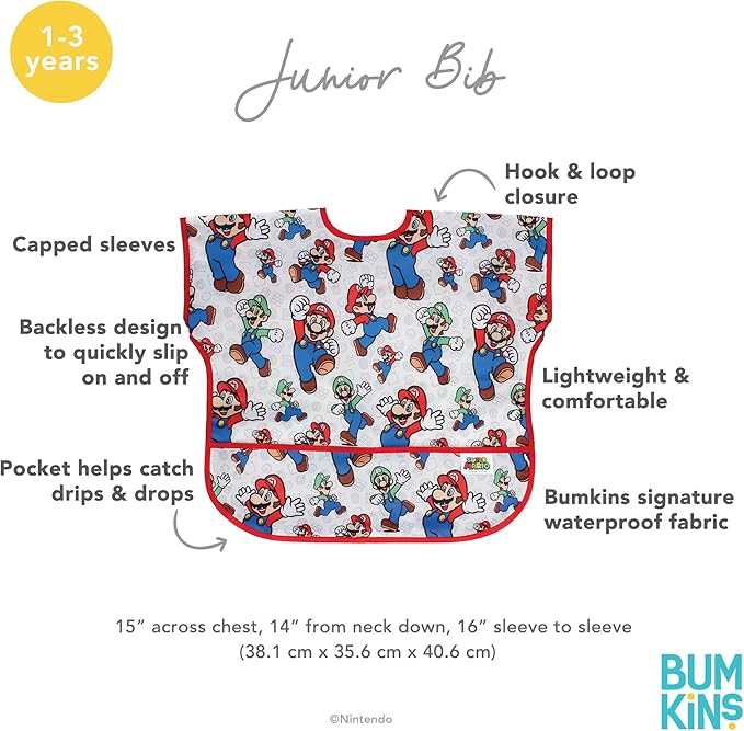 Bumkins Bibs - Toddler Bibs, Waterproof, Large for 1-3 Years, Short Sleeve