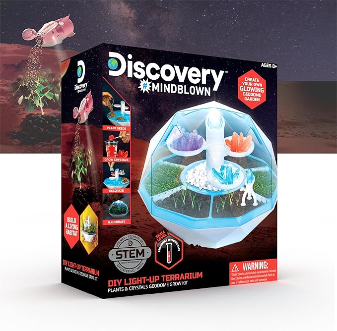 Discovery™ DIY Light-Up LED Terrarium - Plants & Crystals Geodome Grow Kit, 3 Colorful Crystal Formations, Rye Grass, Education STEM Activity Set, Indoor Science Experiment, Chemistry Gift