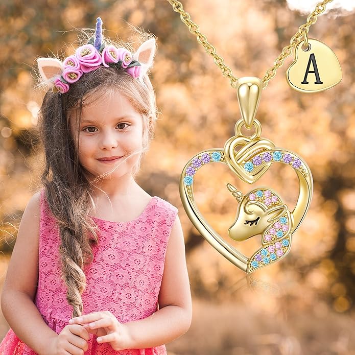 Unicorn Initial Necklaces Gifts for Girls Kids - 14K Real Gold Plated Heart Initial Unicorn Necklace Teen Girls Gifts Trendy Stuff Heart Letter Necklace for Women Girl Kids