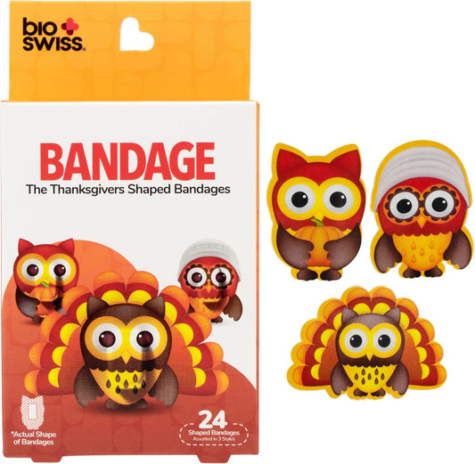 BioSwiss Bandages, Thanksgiving Shaped Self Adhesive Bandage, Latex Free Sterile Wound Care, Fun First Aid Kit Supplies for Kids and Adults, 24 Count