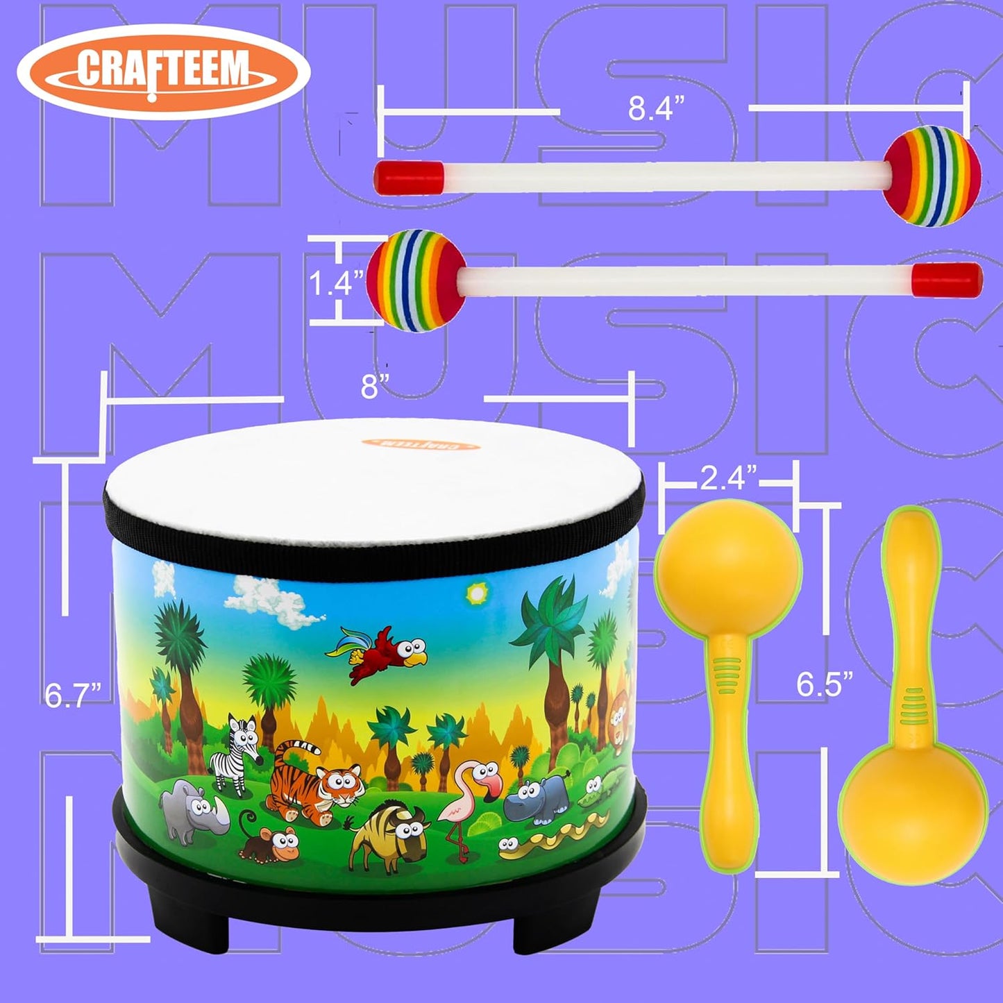 Floor Tom Drum for Kids 8-inch Percussion Instrument Music Drum with 2 Mallets and Color Maracas for Baby Children Special Christmas Birthday Toy Gift