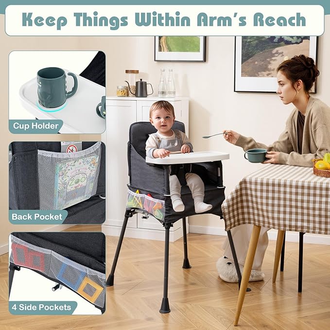 HONEY JOY Portable High Chair for Babies and Toddlers, Foldable Highchair with Tray, Storage Pocket, 5-Point Safety Harness, Compact Space Saver Baby Feeding Chair for Travel, Carry Bag (Gray)
