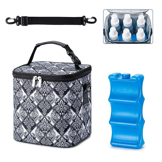 Breastmilk Cooler Bag with Ice Pack Fits 6 Baby Bottles Up to 9 Ounce, Baby Bottle Bag with Shoulder Strap for Nursing Mom Daycare, Black