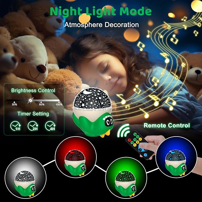 Dinosaur Night Light Projector for Kids Room, Boy Girl Dino Lamp with 10 Soothing Music& Timer, Remote Control, Colorful Projection Effect, High Brightness, Birthday Gifts Dinosaur Toys for Kids 3-7