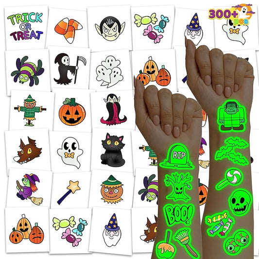 JOYIN 306 Pcs Halloween Glowing Temporary Tattoos for Kids, 42 Assorted Designs Bulk for Child Trick or Treat Game Gifts Halloween Party Favor Decorations Supplies Goodie Bags, Class Game Prizes