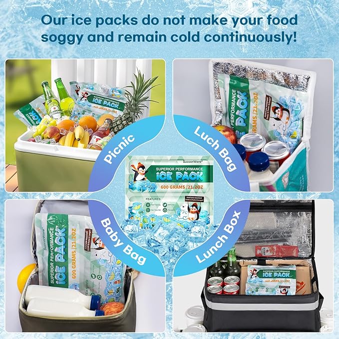 5 Packs Reusable Ice Packs for Lunch Boxes - 12+ Hour Cooling Ice Gel Pack for Camping, Beach, Office - Ice Packs for Cooler Bag, Cooler Backpacks