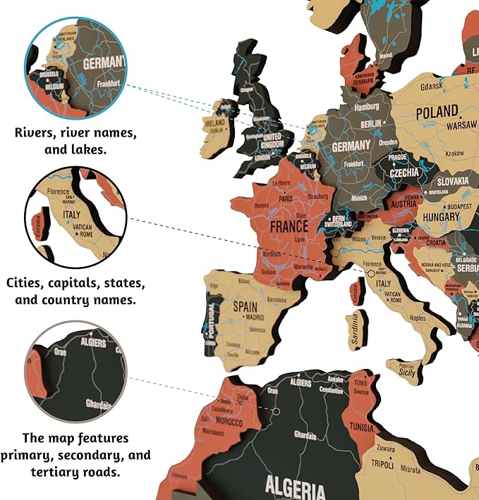 Colorfull Worlds 3D Wooden World Map Wall Art - Premium Multicolored World Travel Map for Wall Decor with Push Pins- Ideal Housewarming Gift & Travel Tracker (Medium, Sage)