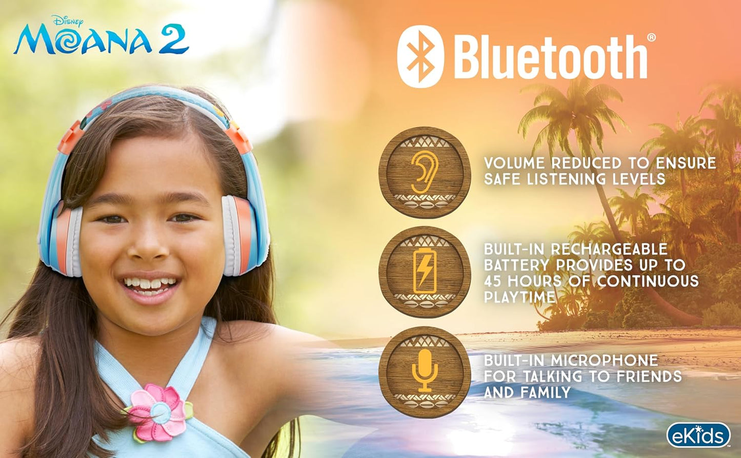eKids Moana Bluetooth Headphones for Kids, Wireless Headphones with Microphone Includes Aux Cord, Kids Earphones for School, Home, or Travel