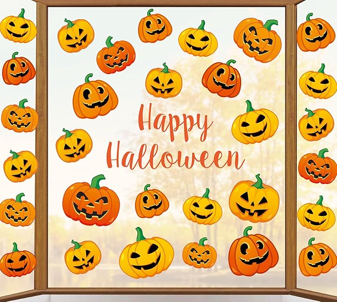 AnyDesign 9 Sheet Halloween Pumpkin Window Clings Funny Pumpkin Expressions Double-Sided Window Stickers Decorative Window Decals Reusable for Halloween Home School Office Accessories Party Supplies