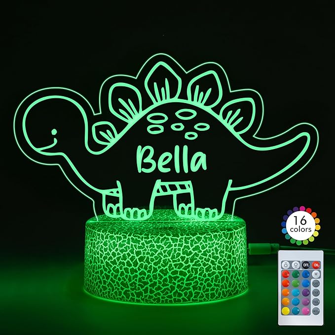 Personalized Baby Gifts Dinosaur Night Light for Boys Girls, Custom Name LED Lamp, Remote Control, Adapter, 16 Colors USB Charging, Baby Shower Christmas Gifts, Children's Room Nursery Decor