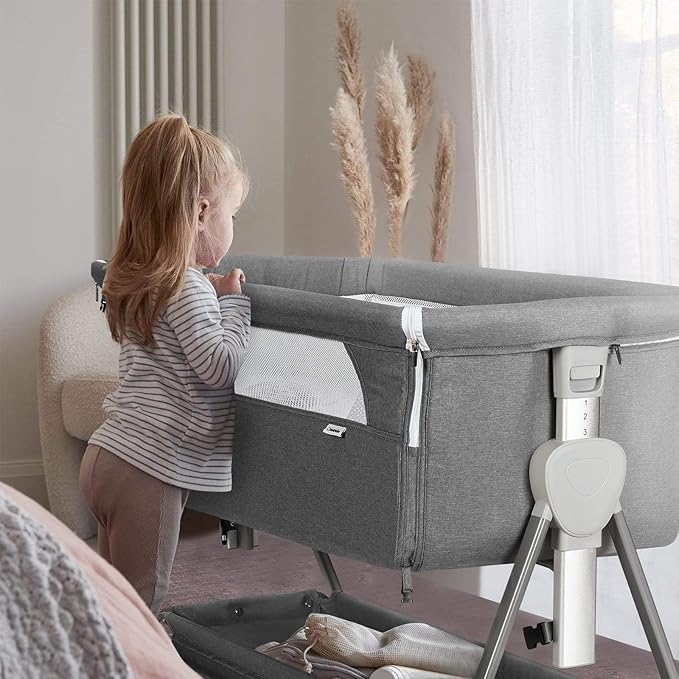 Cowiewie Bassinet Bedside Sleeper, Baby Bassinet with 7 Adjustable Height, Bedside Bassinet for Baby with Storage, Breathable Mesh & Mattress, Portable Bassinet Easy Folding (Pyramid Dark Gray)