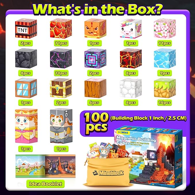 100PCS Magnetic Blocks - 1" Magnetic Building Blocks Toddler Outdoor Toys for Kids Ages 4-8 8-12 Magnet Tiles STEM Sensory Montessori Kids Toys for 3+ Year Old Boys Girls Christmas Birthday Gifts