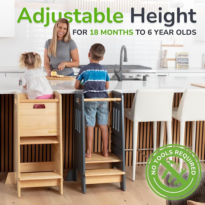 OCODILE Toddler Tower with a Sliding Door and 3 Adjustable Heights - Complete Toddler Kitchen Stool Helper with Support Feet - Safe Design for 18+ Months to 6-Year-Old Kids - Varnished