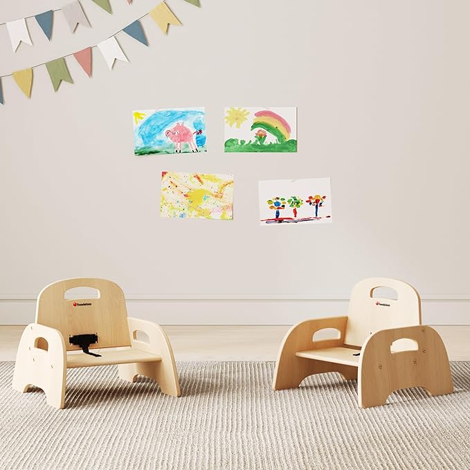 Foundations Simple Sitter Low Wood Feeding Chairs Multipack, Wide No-Tip Base, Adjustable Safety Harness, Stackable Wood Toddler Chairs with Food Service Grade Finish, 2 Pack (5 inch)