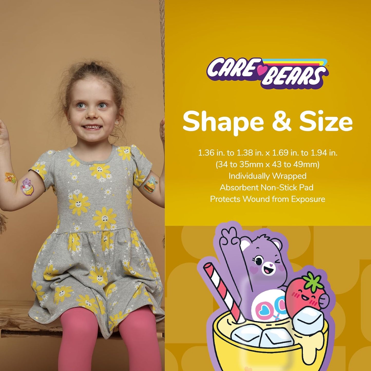 BioSwiss Care Bears Bandages, Sweet and Sour Care Bear Shaped Self Adhesive Bandage, Latex Free Sterile Wound Care, Fun First Aid Kit Supplies for Kids, 24 Count