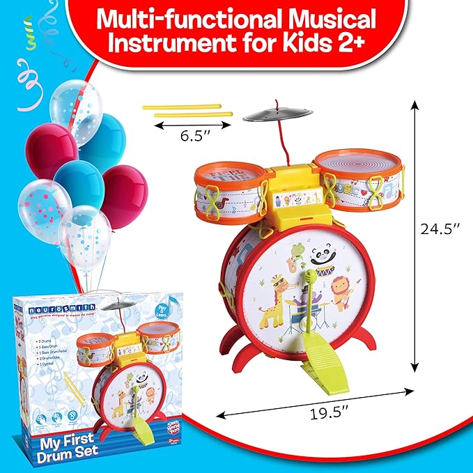 Small World Toys Kids Drum Set, Neurosmith My First Drum Set for Toddlers, Preschool Educational Toddler Music Toys Instruments for Kids, Birthday Toys for 2 Year Old Boys and Girls Gift