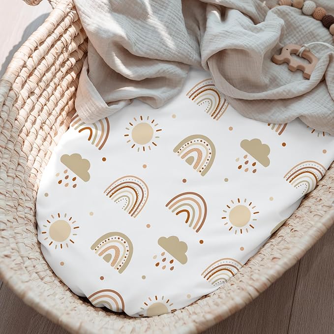 Baby Bassinet Sheets Girl Unisex - 3 Pack Safe Cradle Sheets Universal for Hourglass, Oval Rectangle Bassinet Mattresses (32" x 16") Cloud Rainbow